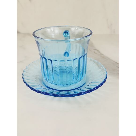 Fortecrisa Azure Ice Blue Glass Tea Cup Saucer 70's Interior Ribbed 5" Mexico x2 - Picture 6 of 13